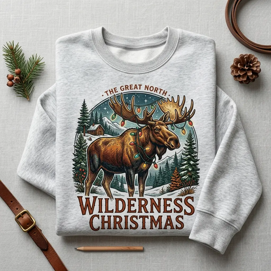 Women's Moose Print Christmas Lights Cotton Fabric Unisex Pullover Sweatshirt, Gildan 1800