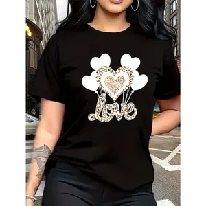 Women'S Black & Golden Heart Print T-Shirt with Black & Golden Leopard Print - Casual Round Neck Short Sleeve Top, Stretchy Medium Stretch Fabric Everyday Streetwear Tshirt