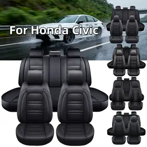 For Honda Civic 2026-2013 4 Doors 5 Seater Car Seat Cover Full Set Front Rear Cushion Protector Anti-Slip Mat Black, Removable Front Headrest Cover, Non Removable Rear Headrest Cover, Car Interior Decoration Accessories, Ice Silk/Linen/Napa/PU Leather Pad