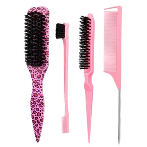 4pcs Slick Back Hair Brush Set, Leopard Printed Hair Styling Smoothing Brushes for Flyaways & Frizz, Sleek Ponytail & Bun Control, Teasing Gel Combs for Women