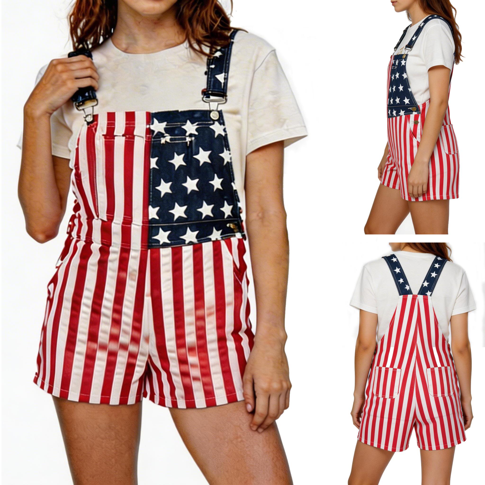 Men's and Women's American Flag Denim Overalls Stretch Shorts, Patriotic, Merica Menswear Suits Sleeveless