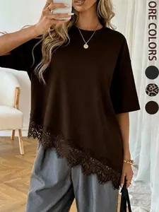 Women's Casual Loose-Fitting Y2K Style Half Sleeve Lace Trim T-Shirt, Asymmetrical Hem Design, All-Season Wear Soft Comfortable Loungewear