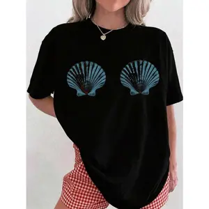 Blue Seashell Graphic  T-Shirt, Minimalist Beach Aesthetic Casual Streetwear for Women  Oversized T-Shirt with Dual Blue Seashell Print, Retro Summer Vibes Loose-Fit Top
