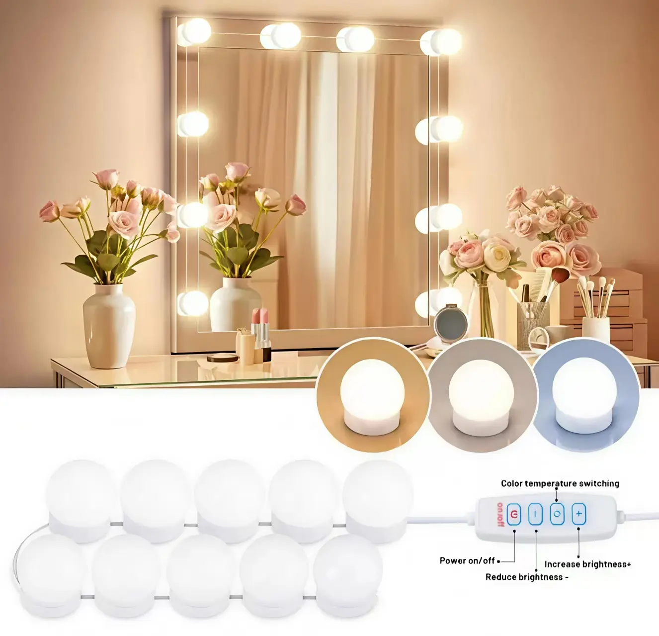 Vanity Mirror Lights, 10 LED Makeup Mirror Lights with 3 Light Colors, Adjustable Brightness & Length, Easy Install with Suction Cups & Adhesive