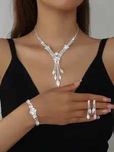 Fashion New Elegant Flower Fringe Leaf Necklace Bracelet Earrings Set, Matching Jewelry Set, Daily Party Jewelry, Stylish Accessories for Women