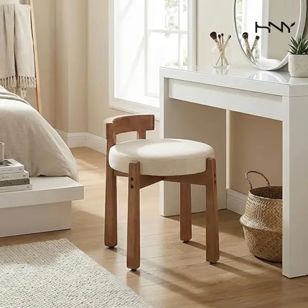 【SummerWins】HNY Compact Armless Single Person Modern Linen Vanity Chair, 4-in-1 Multi-Use Makeup Stool & Cozy Ottoman with Solid Wood Legs, Beige, for Makeup Dressing & Living Room Footrest, Linen Wood