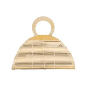 Bamboo Hand-woven Clutch Bag Natural Bamboo Bag Handbag Women's Shell Type Bag with Rhinestones & Zipper Pocket Medium Size