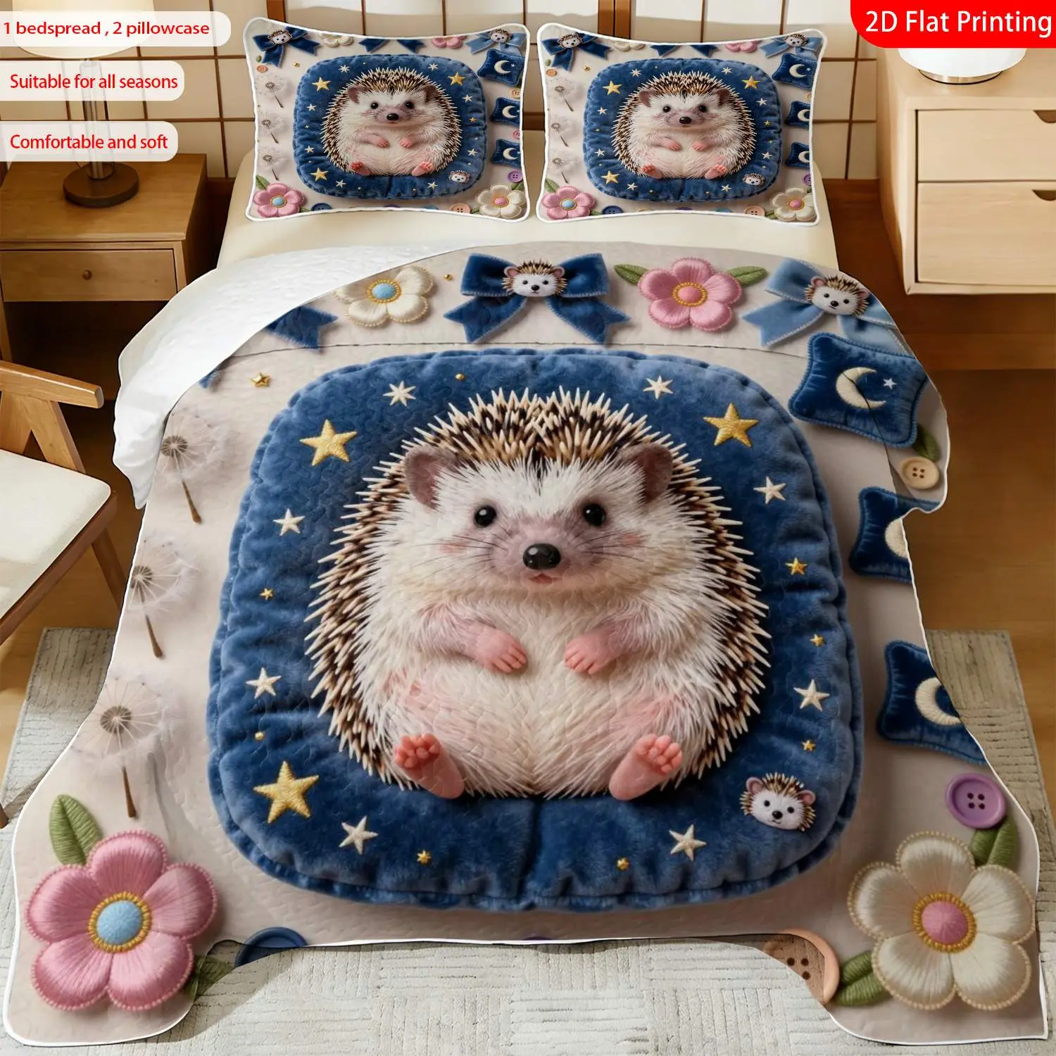 3pcs, 2D Flat Print Cute Hedgehog Pattern Bed Cover Set with Star Moon Floral Design, Multiple Sizes Available, Bedding Set, Festive Decorative Bedding, Ideal for Bedroom Décor(1 bedspread , 2 pillowcase)