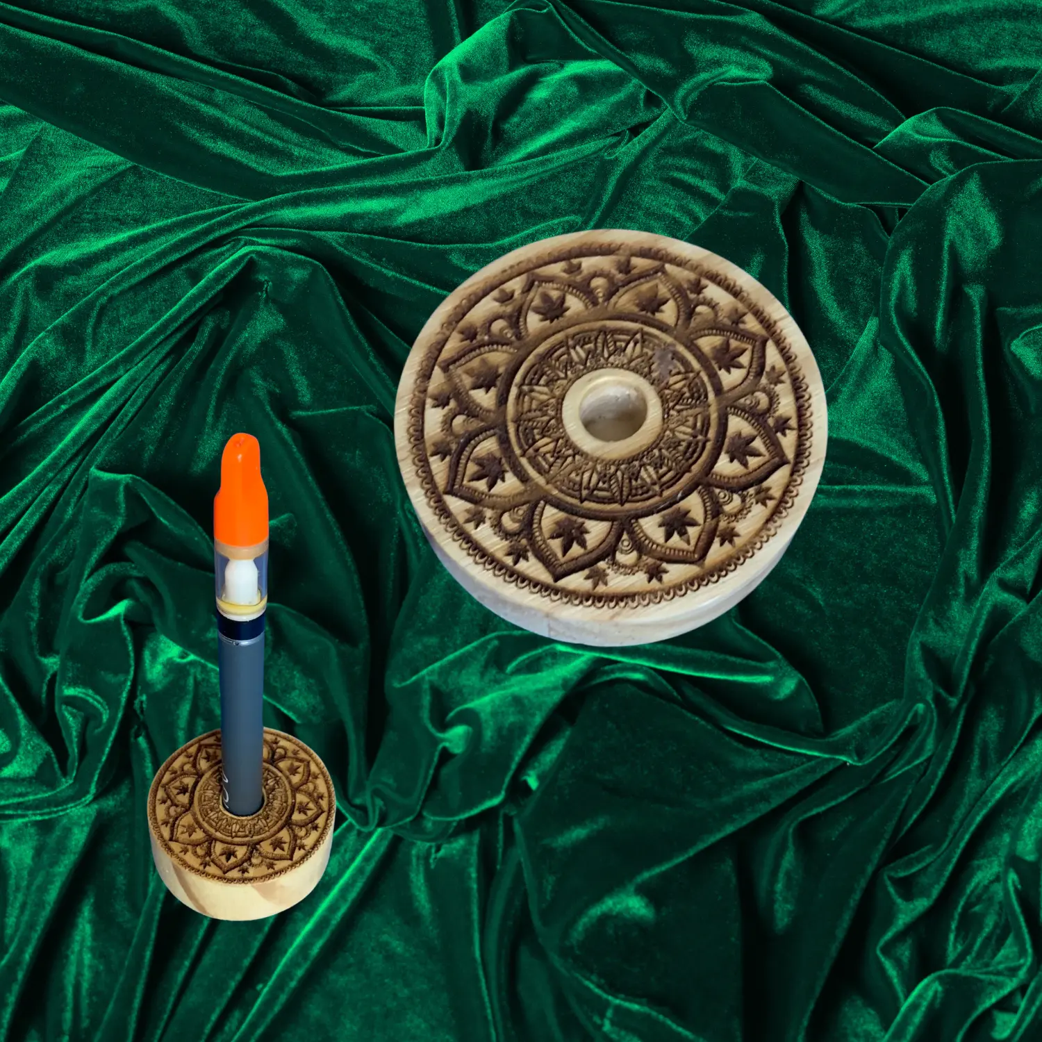 Vape Pen Holder - 2" Round Mandala Engraved - Solid Wood, Holds 510 Thread Vape Pens &/or Cartridge