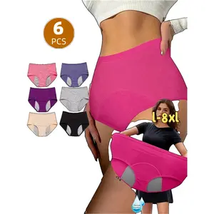 6-Pack Women'S Extra-Large High-Waisted Leakproof Period Briefs - Breathable Mesh Underwear With Tummy Control, Water Absorption & Anti-Side Leakage, 6 Colors (Pink, Purple, Grey, Black, Navy, Beige), Menstrual Underwear | Solid Color Pant