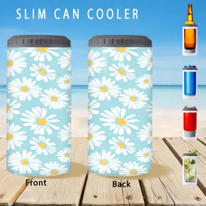 1pc/12oz/350ml,Slim Can Cooler,Insulators,Doucle-Walled Stainless Steel Insulated Slim Cans,2-in-1 Insulated Can Cooler Cup,Drinkware,White Daisy Pattern Design,Perfect For Birthday Christmas Gift Surprise,Anniversary Gifts,Warm Gift For Friends