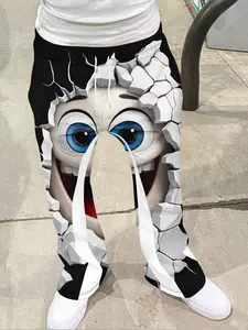 3D Cartoon Print Bell Bottoms, Humorous Pop Culture Casual Pants, Fitted Geometric Pattern, All Seasons Fashion, Women's Clothing, Casual Comfy Trousers, Casual Lounge Pants