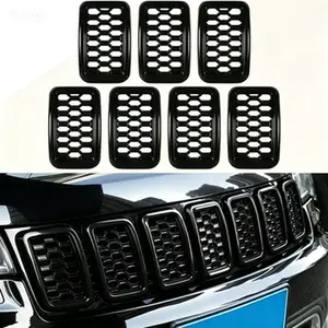 Custom Grille Overlay Kit for Jeep Grand Cherokee 2017-2021, Honeycomb Mesh Inserts Exterior Accessories, Black Ring Covers, Not Fit SRT Trackhawk, Reusable No Glue Needed