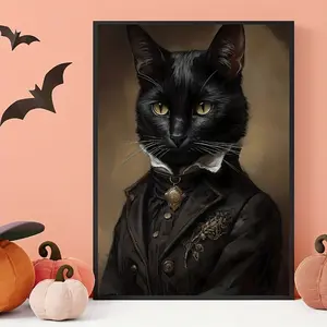 1pc Unframed Canvas Poster, Vintage Art, Artistic Gentleman Cat Wall Art Poster, Halloween Wall Decor, Gothic Art Dark Academia Painting, Ideal Gift For Bedroom Living Room Kitchen Corridor, Wall Art, Wall Decoration, Fall Decor