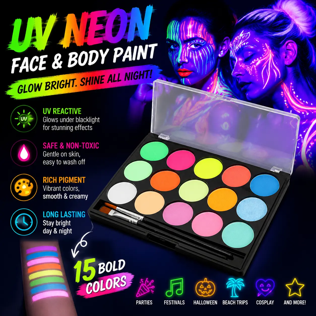 15-Color UV Blacklight Face & Body Paint Set – Water-Activated Neon Fluorescent Makeup, Washable Glow Paint for Halloween, Festivals, Cosplay & Party Looks