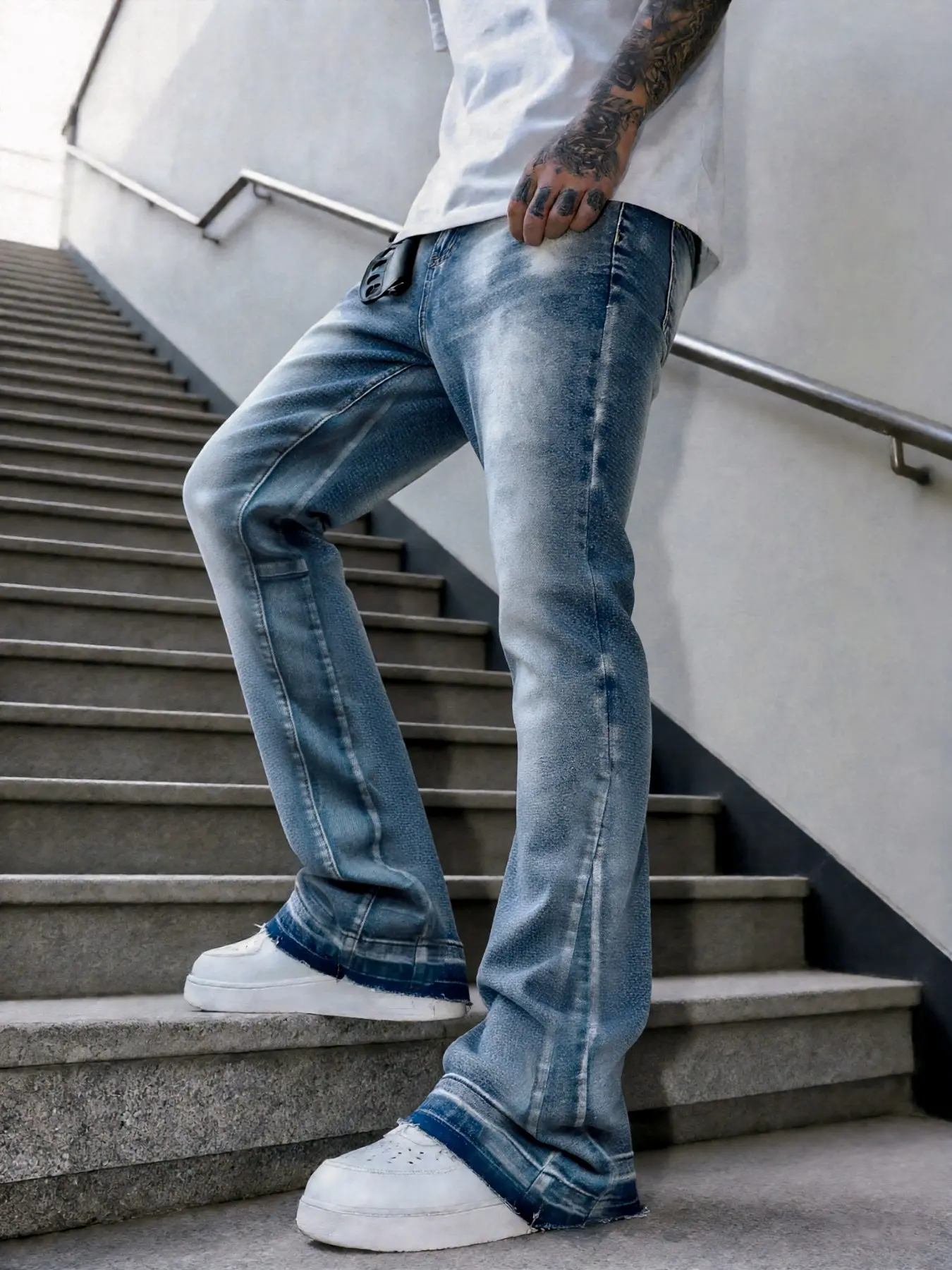 Men's Trendy Gradient Blue Bell-Bottom Jeans, Street Y2K Aesthetic Style, Streetwear, casual street-style pants suitable for daily wear and layering, made with soft and stretchy fabric