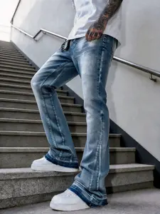 Men's Trendy Gradient Blue Bell-Bottom Jeans, Street Y2K Aesthetic Style, Streetwear, casual street-style pants suitable for daily wear and layering, made with soft and stretchy fabric