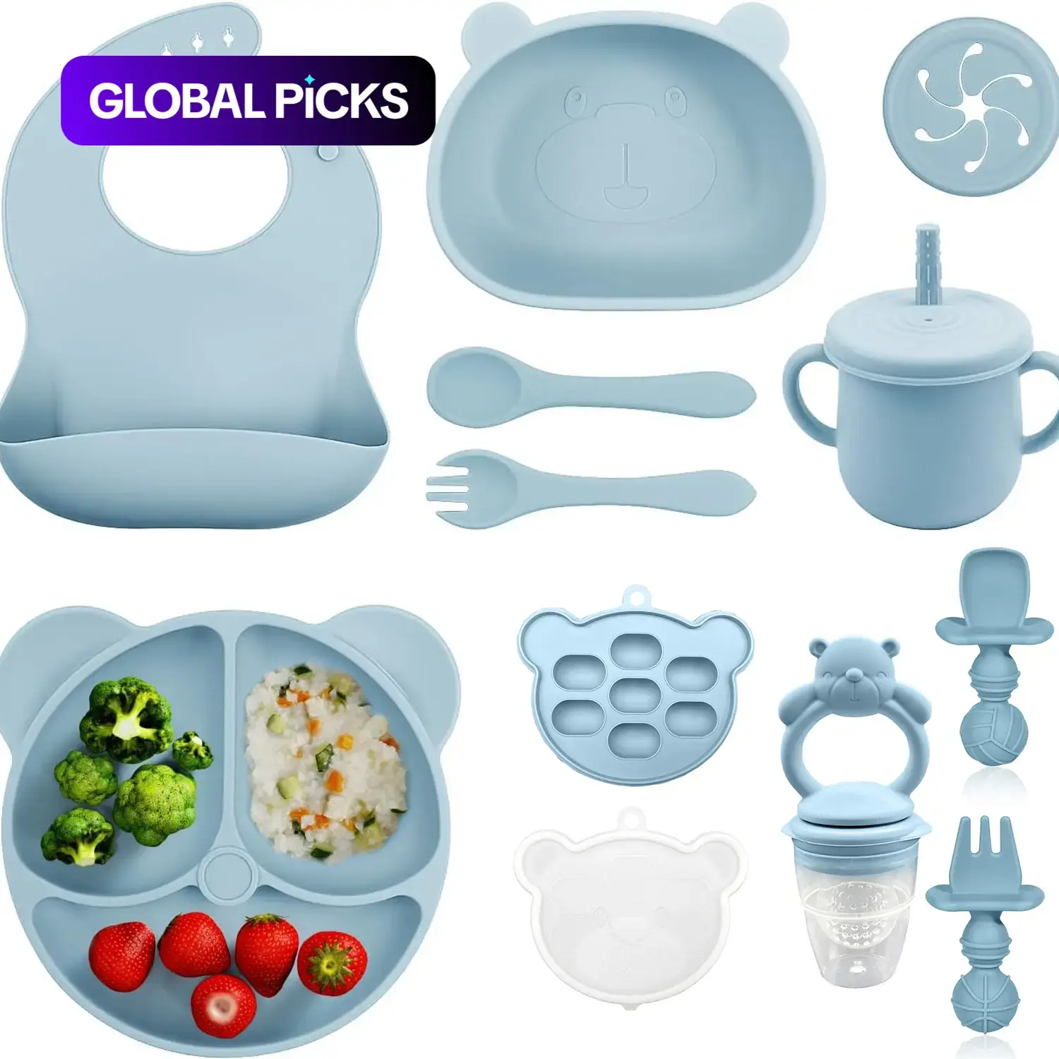 Bear Silicone Baby Feeding Set, Toddler Plates And Bowls Set, 11-Piece Baby Dinnerware Set, Toddler Dinnerware Set with Bowl, Spoon, Fork, Bib, Straw Cup, Snack Cup and Ice Cube Box