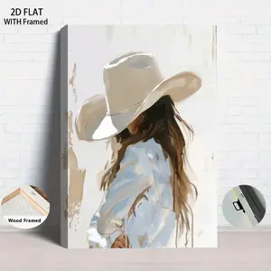 1PCS With Framed Western Cowgirl Canvas Wall Art with Wooden Frame - Boho Style Abstract Painting of Cowboy Hat Woman for Living Room Bedroom Home Decor Modern Farmhouse Decorative Artwork Ready to