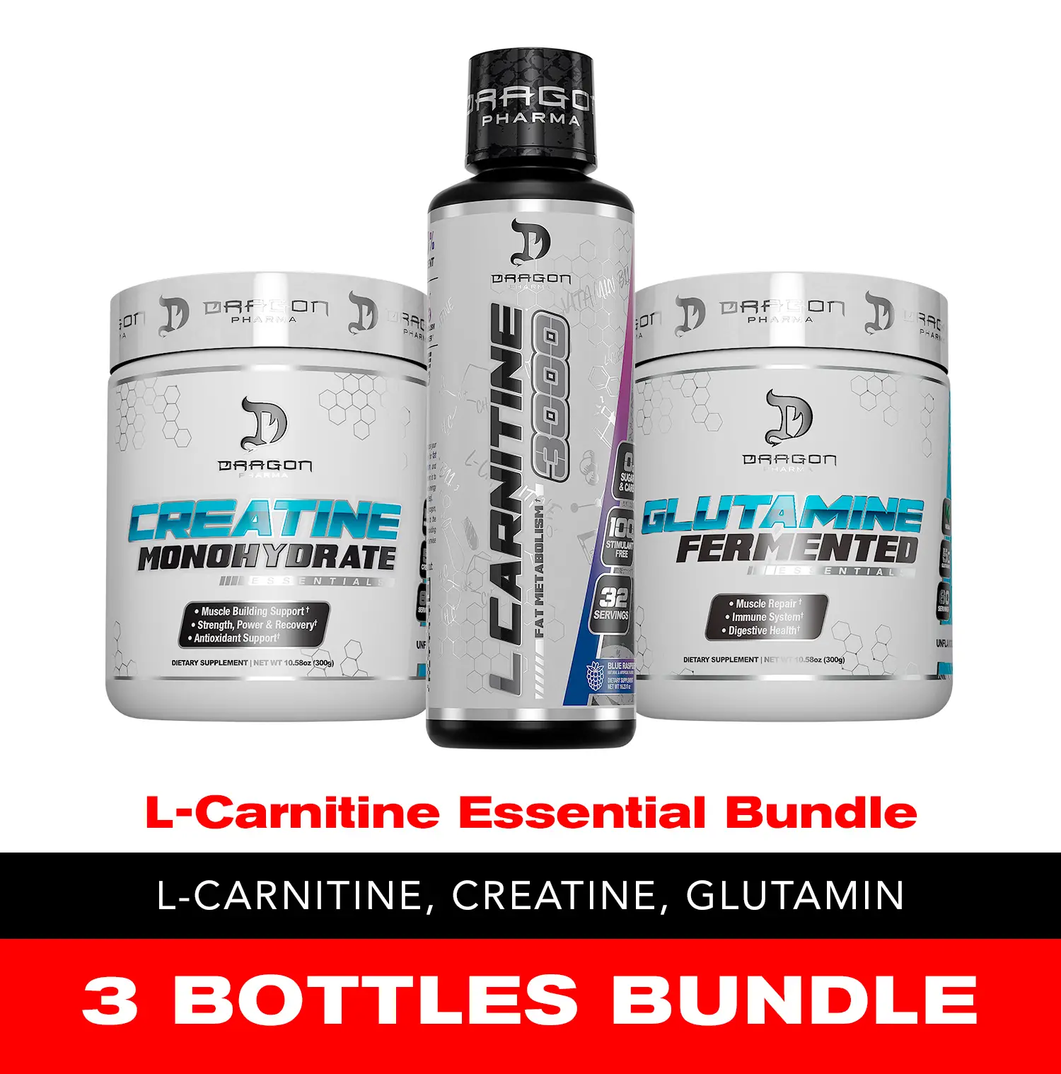 Dragon Pharma L-Carnitine 3000 Essential 3 bottles Bundle: L-Carnitine 3000 Liquid, Creatine 300g, Glutamine 300g