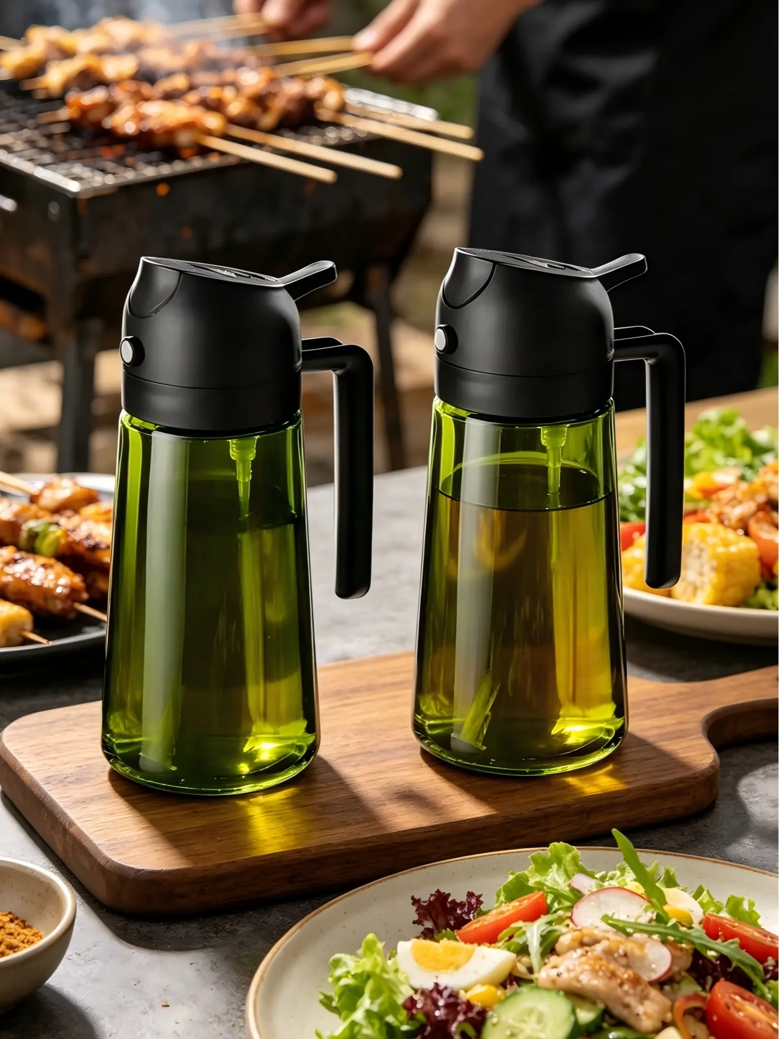 16oz/470ml Thick Cylindrical Transparent 2-in-1 Olive Oil Mister & Dispenser Spray Bottle, Multicolor Home Supplies Storage Bottles & Jars for Salad, BBQ, Oil Mister Spray Bottle For Cooking