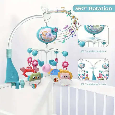 360° Rotating Baby Crib Mobile Projector - Unisex Musical Toy with Electronic Rattle, Hanging Bed Bell, Maracas, Sensory Learning, Intelligence-Boosting Features for 0-3 Months Baby Items Play & Entertainment Gifting