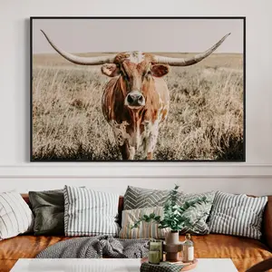 Longhorn Cow Print - Longhorn Poster Print - Western Home Decor Cow Picture - Neutral Farmhouse Colors - NoFrames letterpress Wall Wood. Bach. Water Proof. Ornaments. Decoration. Room. Photo. Artistic. Unframed Style