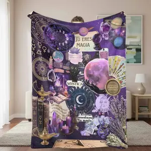 Mystic Astrology Flannel Blanket Celestial Zodiac Witchcraft Print with Moon Stars Tarot and Crystals  Soft Cozy Decorative Throw for Bedroom Meditation Room Spiritual Gift Yoga Studio Home Decor Suitable as a gift sizes 60*80,30*40 ,40*50 50*60