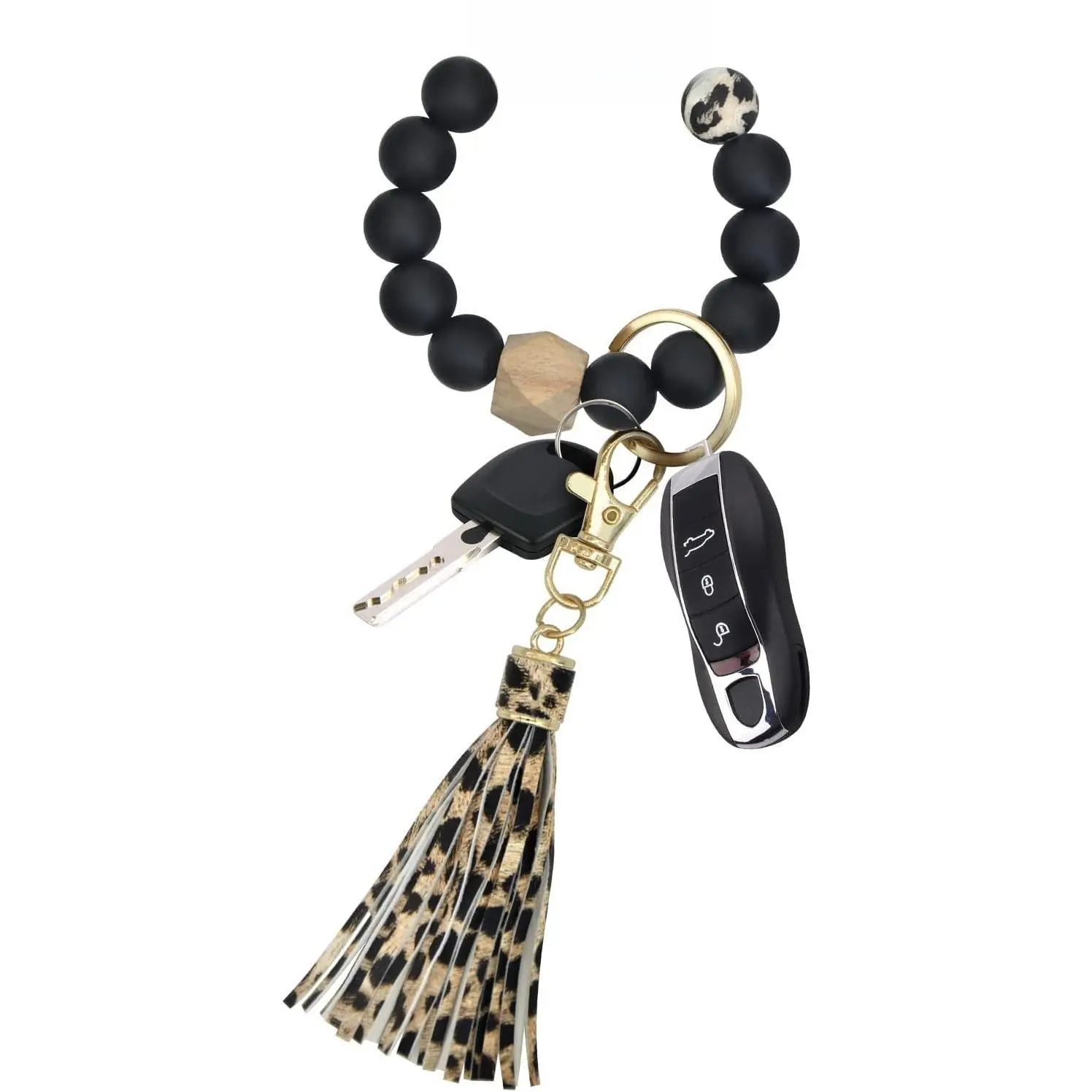 Silicone Beaded Keychain Bracelet for Women - Free Hands Key Holder Bangle with Wooden Beads, Tassel & Stainless Steel Key Ring