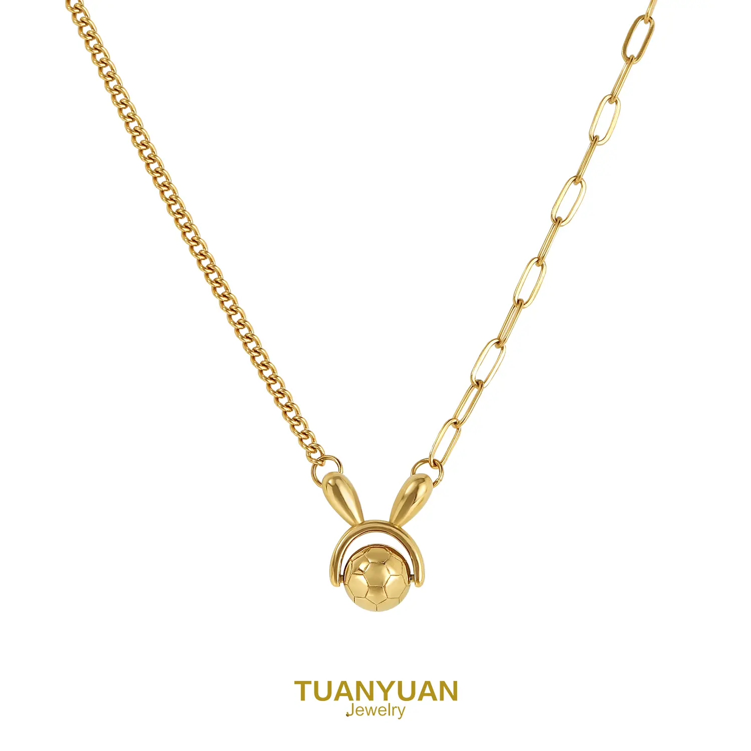 Women's 18K Gold Plated Stainless Steel 2-Tone Mixed Link Asymmetrical Necklace, Rotatable Soccer Ball Pendant With Cute Bunny Ears, Lightweight Kawaii Style Outfit Jewelry For School, Watch Party, Birthday Gift