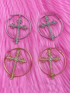 Women's Gothic Cross Stud Earrings with Rhinestones, Studded Cross Earrings, Vintage Alloy Large Circle Ear Cuff Set, Perfect Gift for Daily Wear