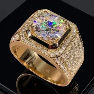 Men's fashion ring, 14k gold plated, square shape with Zirconia stones, suitable for Valentine's Day, everyday wear, engagement, and weddings.