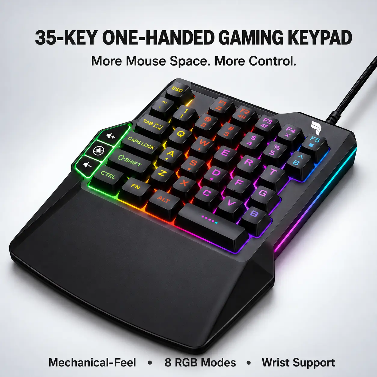 K9820 35-Key One-Handed Gaming Keypad, Wired USB Keyboard with Mechanical Feel Keys, 3 Media Control Keys, 8 RGB Lighting Modes, Ergonomic Wrist Rest for PC Gaming, Black