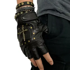 Men Punk Biker Motorcycle Gloves Cosplay Halloween Half Finger Leather Gloves