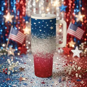 1 Pc 40oz Patriotic American Flag Glitter Vacuum Cup, Tumbler, Double Wall, Leak Proof, With Handle, Stainless Steel, Keeps Hot 12 Hours, Cold 24 Hours, For Hot Cold Drinks, Gift For Women, Men, 4th Of July, Holiday, BBQ, Party, Travel, Office, Daily Use