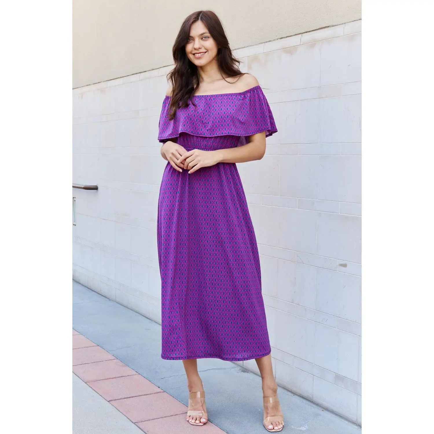 e.Luna My Best Angle Geometric Pattern Off The Shoulder Midi Dress in Purple