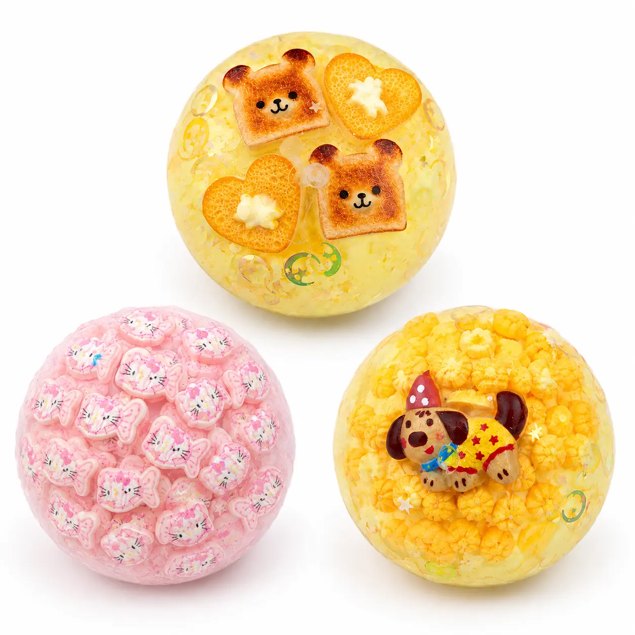 Handmade Crunchy Squishy Ball, Cute Decorative Sensory Squeeze Toy with Mini Charms, Soft Stress Relief Fidget Toy, Cheese Bear Pink Cat Fish Birthday Puppy Desk Toy and Gift
