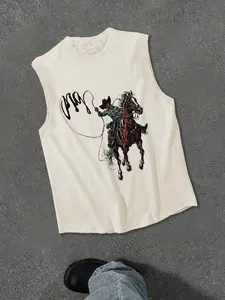 Men's Regular Fit Cowboy Riding Horse Print Stylish Tank Top, Casual Sleeveless Round Neck Top for Daily Wear, Shein Men's Top for Summer, Socks