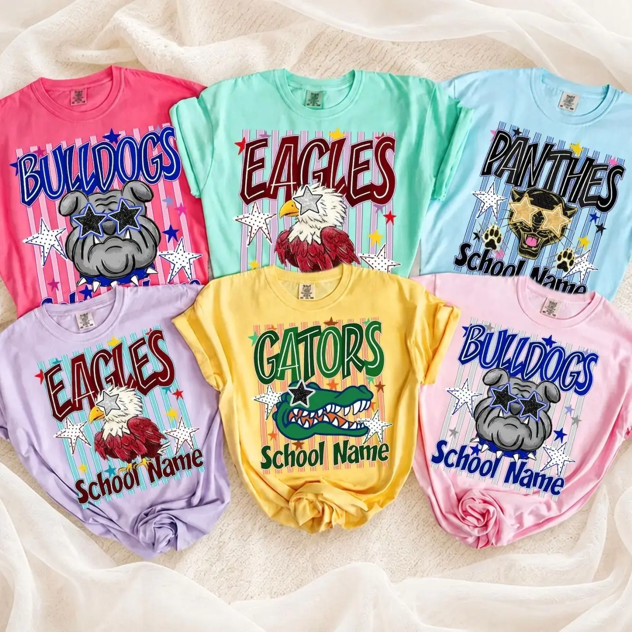 Custom Mascot Neon Striped Shirt, Preppy School Spirit Shirts, Polka Dots Varsity Letters Tee, Back To School Tee, Matching Team Shirts, Comfort Color 4H8