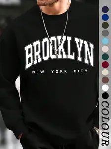 Men's Varsity Style Brooklyn Graphic Sweatshirt, Oversized Black Crewneck Pullover, Cozy American College Jumper for Casual Streetwear