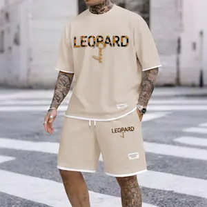 Men's Casual Style Leopard Letter Print Waffle Fabric Short-Sleeved Shirt And Shorts Set