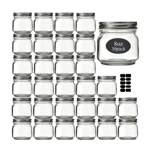 Small Glass Mason Jars 8 oz 30 Pack With Silver Lids -1/4 Quart Canning/ Storage Pickling Jars For Jelly, Jam, Honey, Pickles and Spice With Free 30 Chalkboard Labels