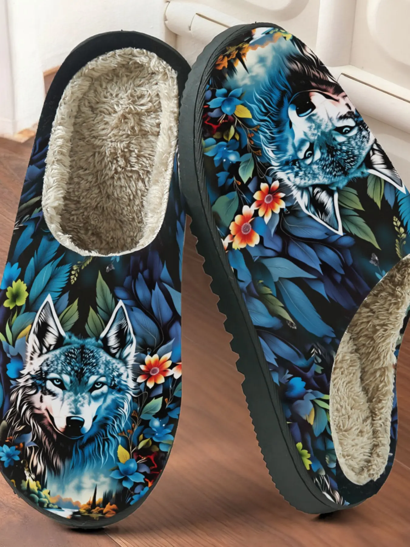 Blue Wolf Shadow Floral Printed Cotton Slippers, Mystery Forest Style, Fuzzy Lined Anti-Slip Thick Sole, Home Use Men Women Fall Winter Warm Shoes