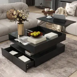 U-Can Lift-Top Coffee Table with 2 Drawers, Modern Square Coffee Table with Glass Top and High-Gloss Finish, Hidden Space and LED Lights for Living Room