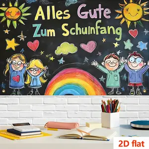 German Back-To-School Theme Sun Star Heart Rainbow Student Graffiti Background Fabric, Home Decor Banner for Living Room Bedroom Outdoor