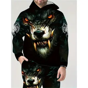 Men's Wolf Print Hoodie and Sweatpants Set - Soft and stretchy fabric, casual sports style, machine washable - Perfect choice for autumn and winter seasons