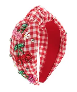 Cherry Crush Red Gingham Embellished Headband with Shimmering Sequin Cherries in Pink and Red for a Fun Flirty Touch