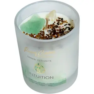 Candle - Green Flourite, Tiger's Eye, Clear Quartz Infused Sugarcane + White Rum Scent  Soy Wax - 7oz. Meditation, Intention &  Candle for Women