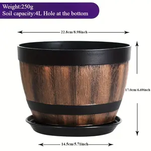 Vintage Whiskey Barrel Planter - Resin Striped Pattern, 1pc Oval Plastic Pot with Drainage Hole & Saucer, Ideal for Herbs, Flowers, Succulents, Indoor & Outdoor Use