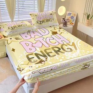 Sweet Cool Print Fitted Sheet Set 3PCS Bed Sheets, with 2 Pillows No Inserts, Vanilla Flower Pattern & Bad Bitch Energy Slogan, Deep Pocket Non-Slip Mattress Protector, Durable Comfortable, Bed Sheet Sets, Home Use or Gift Choice